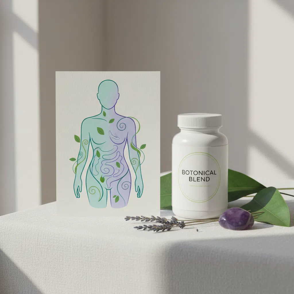 Abstracte illustratie van botanische patronen rondom een silhouet, wellness concept