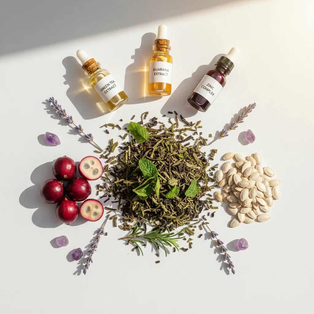Platligging van natuurlijke botanische ingrediënten: groene thee, guarana, kruiden